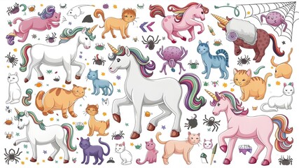 Colorful and delightful illustrations of horses, unicorns and cats.