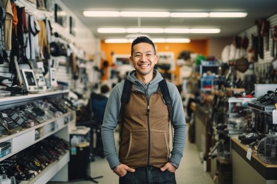 A Smiling Aspiring Photographer Stands Proudly in Front of the Local Camera Store, Eager to Explore the World Through a Lens