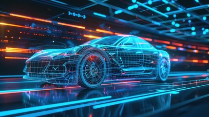 3D rendering of an electric car with data lines. Generate AI image