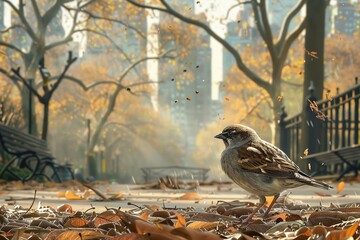 A depiction of a small bird joyfully collecting crumbs in a bustling city park --ar 3:2 Job ID: 4924a030-eac6-4234-85ae-9159e9f09082 - Powered by Adobe