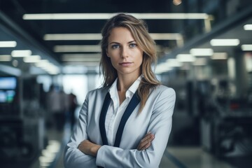 Fototapeta premium A Vision of Modern Brilliance: A Confident Female Engineer Standing Proudly Before the High-Tech Facade of Her Advanced Engineering Laboratory