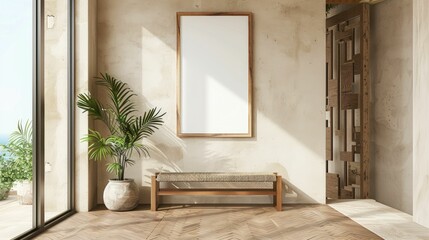 Modern minimalist interior with a wooden bench, large framed blank poster on a textured wall, and a potted plant beside a glass door leading to a balcony.