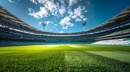 The interior view of an empty cricket stadium, with green grass and blue sky