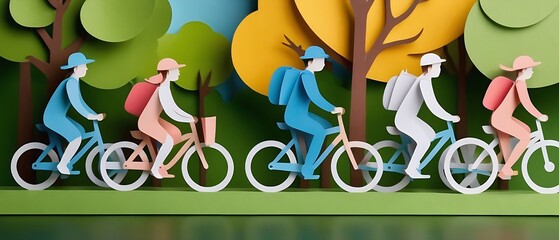 Poeple are riding bicycles on city park. Paper art World bicycle day Concept 