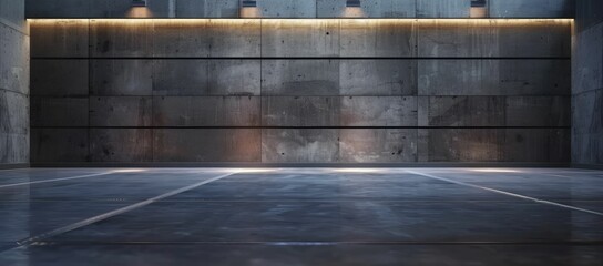 Modern interior with concrete walls illuminated by a horizontal light strip, creating a dramatic and minimalist atmosphere. - obrazy, fototapety, plakaty