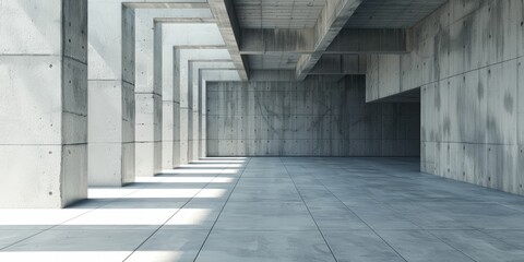 Modern architectural interior with concrete walls and geometric structures, illuminated by natural light.