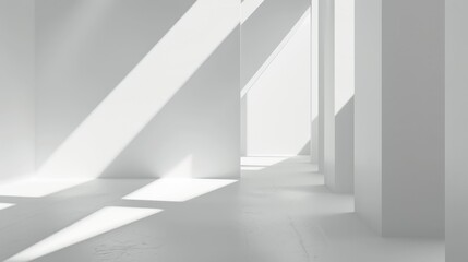 Minimalist white interior with sunlight casting geometric shadows through vertical openings.