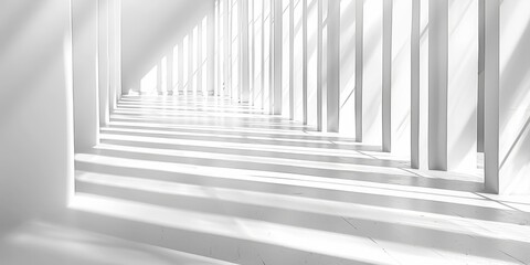 Modern architectural interior with a series of white columns casting shadows in a bright, minimalist setting. - obrazy, fototapety, plakaty