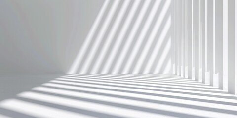 Abstract minimalist white room with sunlight casting shadows through vertical slats, creating a pattern of lines on the floor.