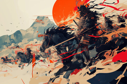 Samurai warriors in full battle regalia standing proudly , ready for battle, highlighting the valor and discipline of Japan's elite warriors