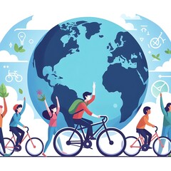 people are riding bicycles on city streets. Flat Style World bicycle day Concept 