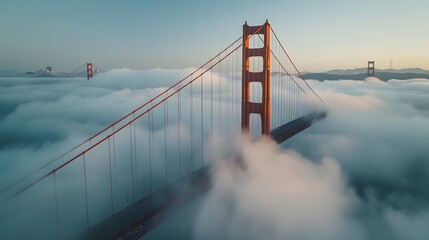 Fototapeta premium The Bridge, captured from above with misty waters below and clear skies overhead. The scene is a serene blend of iconic architecture and natural beauty