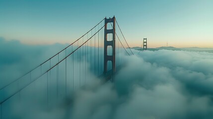 The Bridge, captured from above with misty waters below and clear skies overhead. The scene is a serene blend of iconic architecture and natural beauty