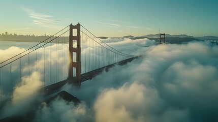 The Bridge, captured from above with misty waters below and clear skies overhead. The scene is a serene blend of iconic architecture and natural beauty