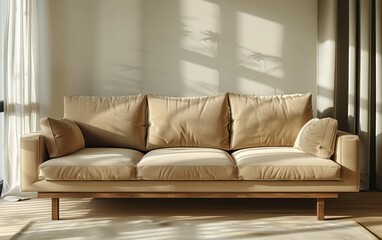 A modern beige sofa in a sunlit living room with shadows of plants on the wall.