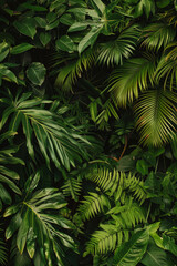 The lush and dense texture of rainforest foliage showcases the vibrant greens and intricate patterns. 
