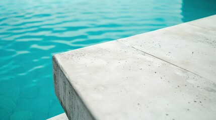 Fascinating close-up of a white concrete edge of a swimming pool with crystal clear water. Smooth pool edge surface under soft sunlight in calm feeling.