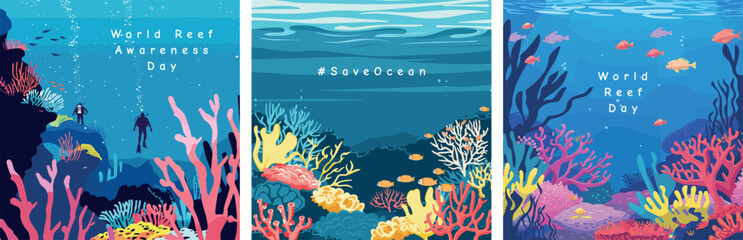 Fototapeta na wymiar World Reef Awareness Day on June 1st. Set of Social media banners. Sea underwater elements. A vibrant coral backdrop, Underwater ocean scene. Blue water, coral reef, Ocean Day concept. Square post.