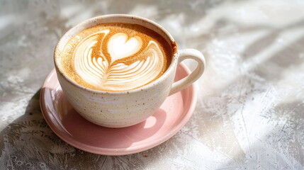 Almond milk latte in a ceramic mug with a heart-shaped foam design - Powered by Adobe