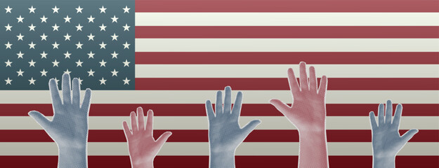 Voting in the USA. Halftone fashionable retro collage, hands raised up against the background of the USA flag. Vector illustration, pop art composition banner.