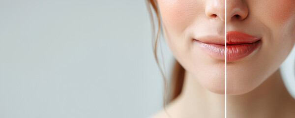 Banner showing before and after lip filler injections. Lip augmentation close-up. Plastic surgery. 
