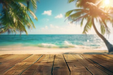 Empty wooden table in front of beach summer ocean backgrounds. - obrazy, fototapety, plakaty
