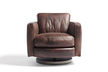 A swivel chair with a sleek metal frame and leather upholstery isolated on a solid white background.