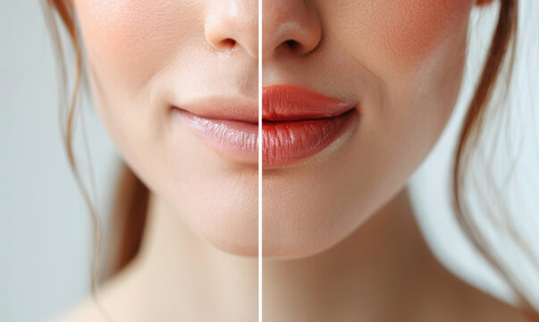 Before and after lip filler injections. Lip augmentation close-up. Plastic surgery. 