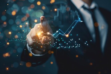 Businessman pointing arrow graph growth and financial network connection, analysing data to increase sales and revenue profit to achieve business investment goal in global economic - generative ai