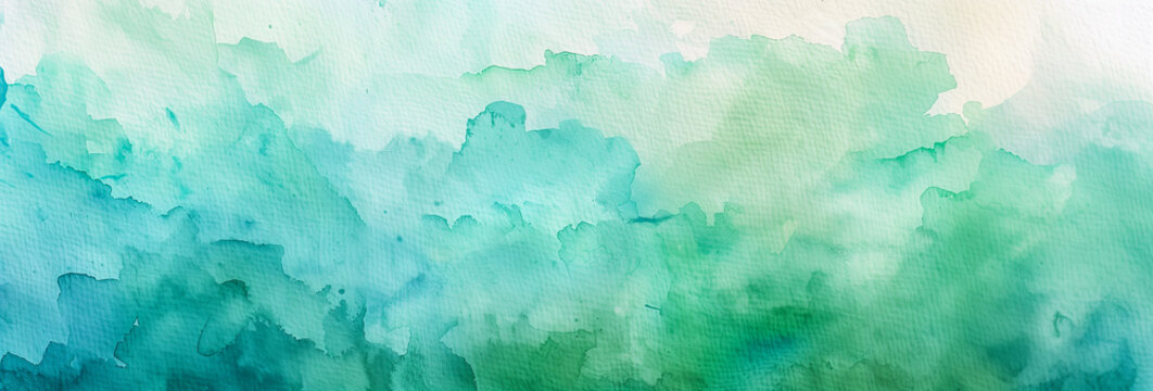 Green turquoise watercolor paint splash, blotch background. Brush wash stain bloom, blobs of paint, vintage mystery watercolor paper texture. Abstract fantasy forest trees landscape art panorama