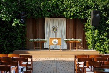 School graduation scene with wooden podium and chairs adorned with caps and diplomas