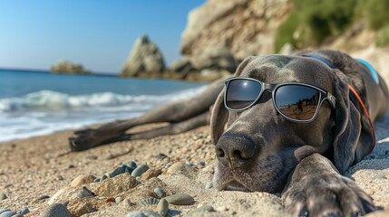 A Black Great Dane Relaxing on a Sunny Sandy Beach in Sunglasses