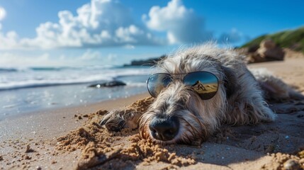 An image of an Irish wolfhound dog sleeping at a Southern California beach in sunglasses