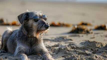 Scottish Deerhound dog relaxing at a beach wearing sunglasses