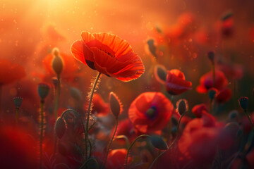Obraz premium A vibrant red poppy flower stands out against the soft glow of an orange sunset, with other flowers in the soft blurry focused background creating a dreamy and ethereal atmosphere. 