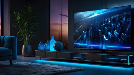 Smart tv in modern living room interior design with blue neon lights, 3d render. Generative ai.