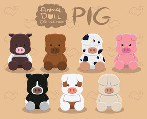 Animal Dolls Pig Set Cartoon Vector Illustration