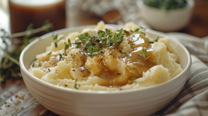Wholesome mashed potatoes with gravy, prepared using reduced-fat margarine and non-dairy milk, served with light gravy made from low-sodium broth, studio setup