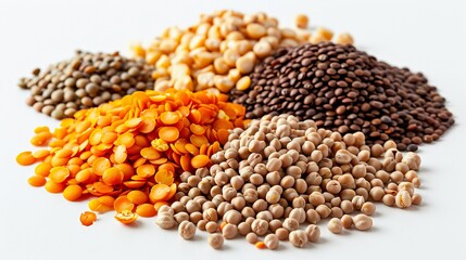 Wholesome legumes composition, including lentils, chickpeas, and beans, showcased for their essential nutrients, on a pristine isolated background