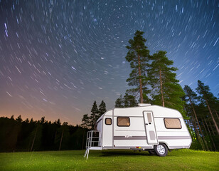 Caravan under a starry sky in a forest clearing