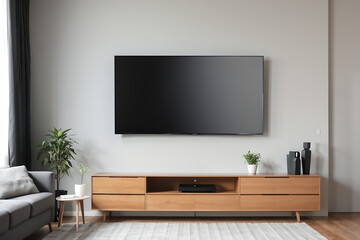 Blank modern flat screen TV hanging on wall in living room