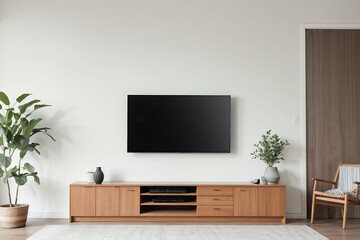 Blank modern flat screen TV hanging on wall in living room