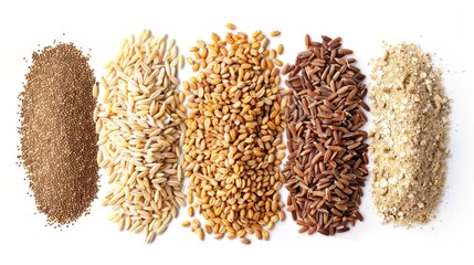 Wholesome grains from above, featuring quinoa, brown rice, oats, barley, and bulgur, arranged to highlight dietary fiber and nutrients, isolated background
