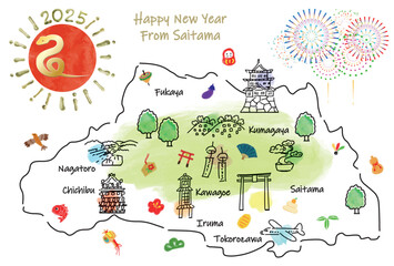 埼玉県の観光地のイラストマップ年賀状2025年 - obrazy, fototapety, plakaty
