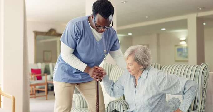 Nurse, elderly woman or walk in home, retirement or communication with support or medical care. Black man, caregiver or old lady with cane for rehabilitation or healthcare for person with disability - Powered by Adobe