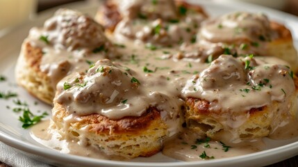Wholesome biscuits with sausage gravy, made healthier with whole wheat, turkey sausage, and low-fat milk gravy, studio lighting, isolated backdrop