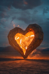An isolated burning giant wooden heart figure in the middle of a desert during dusk 