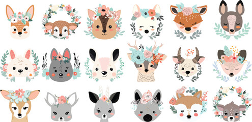 Fototapeta premium Cute animals heads with flower crown, vector illustrations for nursery design, poster, birthday greeting cards