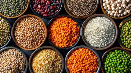 Vibrant top view of assorted legumes, featuring lentils, chickpeas, and various beans, emphasizing high fiber and nutrients, isolated setting, studio lighting