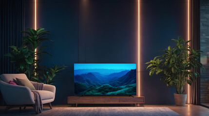 Smart tv in modern living room interior design with white, neon lights, 3d render. Generative ai.